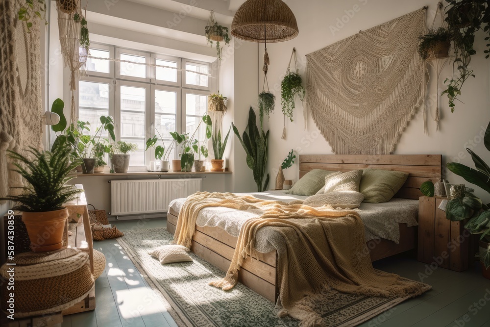 Contemporary romantic scandi boho bedroom with colorful cushions, green plant, and homemade macrame 