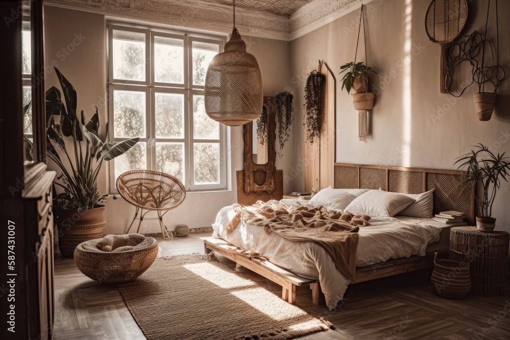 White and beige bohemian country wooden bedroom closeup. Bed, hanging chair, potted plants. Wallpape