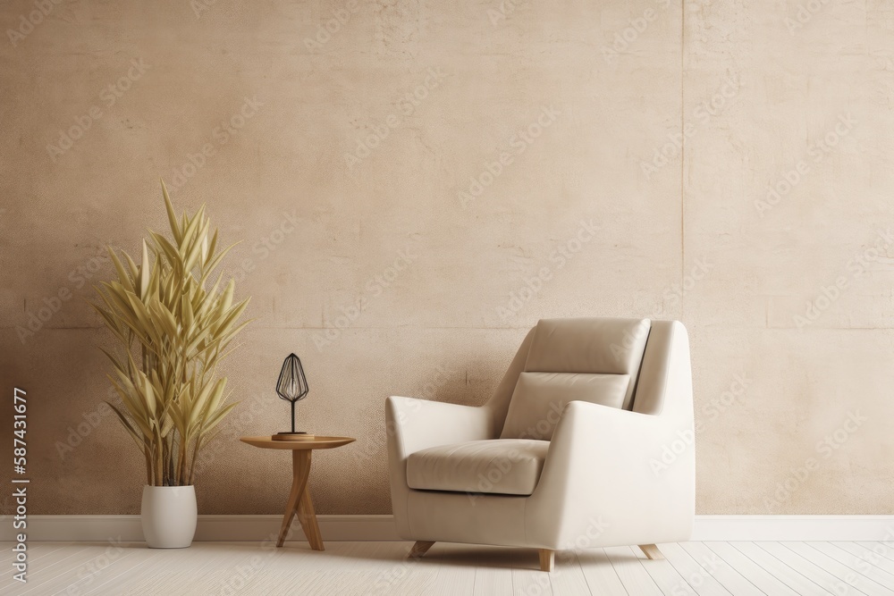 Mockup of a texture wall in a room with a beige recliner and a brown plant in a vase. Right hand bla