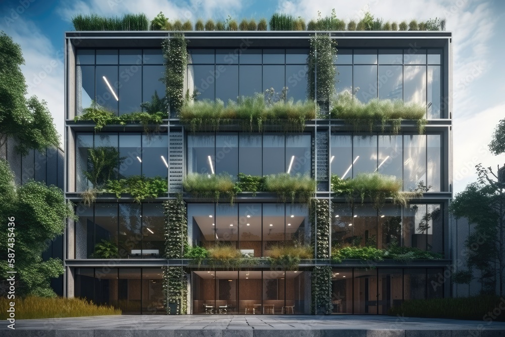 green building covered in plants and foliage. Generative AI