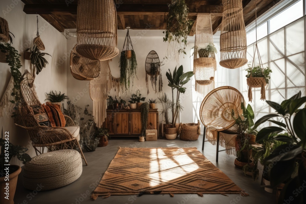 A metal pole holds many macrame plant hangers with houseplants and potted plants. The warm bohemian 