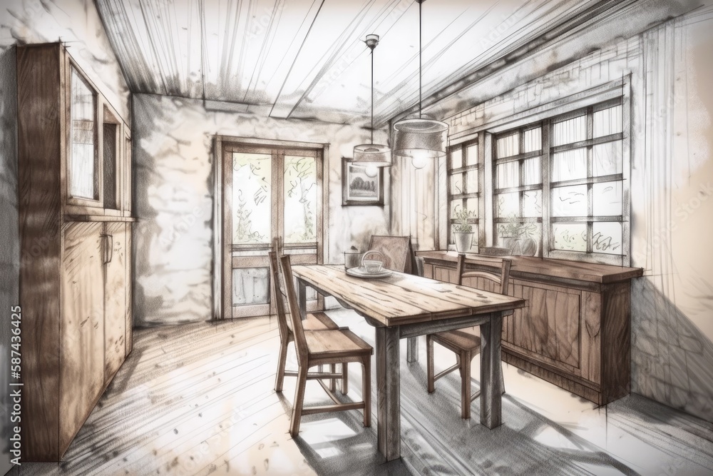 Architect interior designer concept hand drawn incomplete project becomes farmhouse dining room with