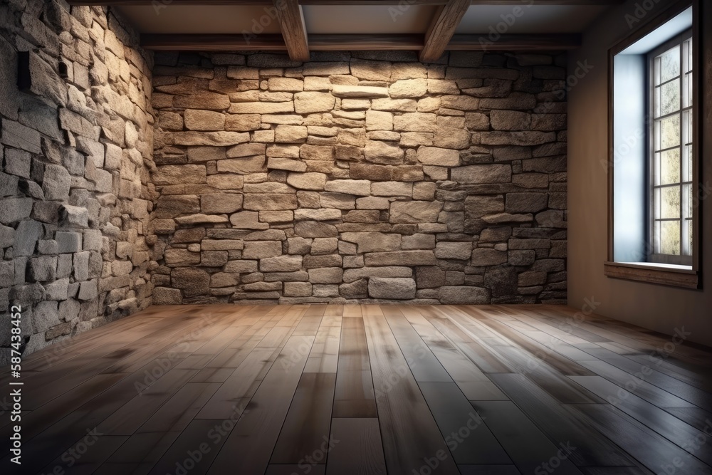 Empty Room with Stone Wall and Wooden Floors. Generative AI