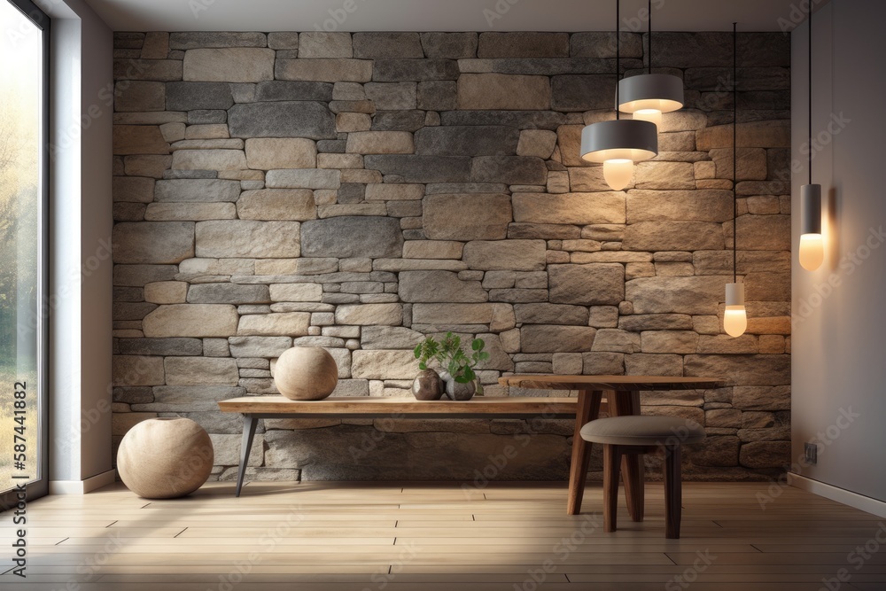 rustic interior with stone wall and wooden table. Generative AI