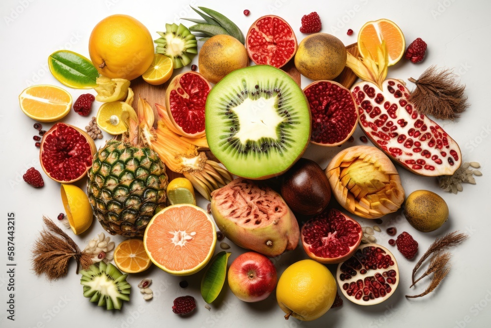 Pineapple, kiwi, lemon, lime, orange, papaya, coconut, pomegranate, and carambola are used in a crea