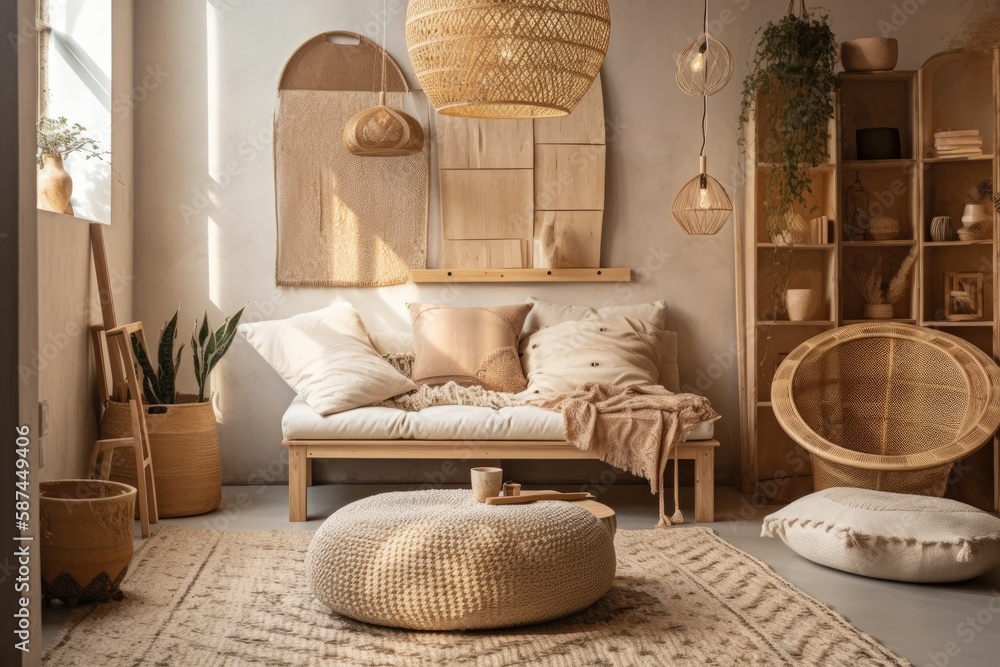 Boho chic meditation room with beige chaise couch, carpet, rattan pouf, cushions, side table, décor,