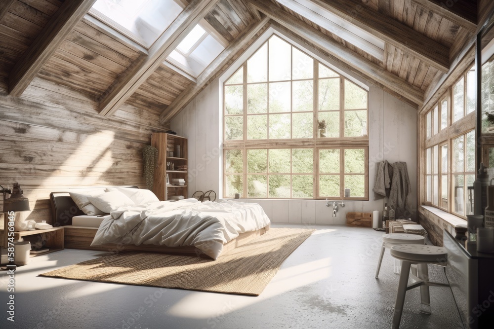 Interior of attic bedroom with white walls, roof windows, and a tiny bathroom with a sink and a toil