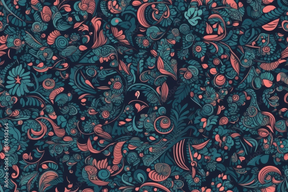 vibrant floral pattern with a red and blue color scheme. Generative AI