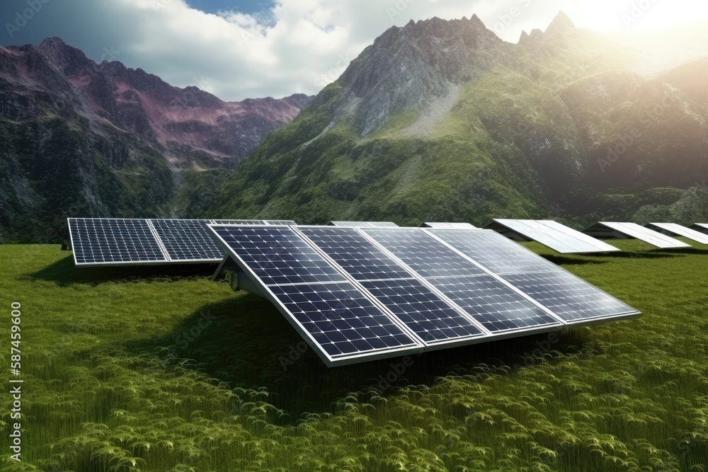 solar panel setup in a scenic mountainous field. Generative AI