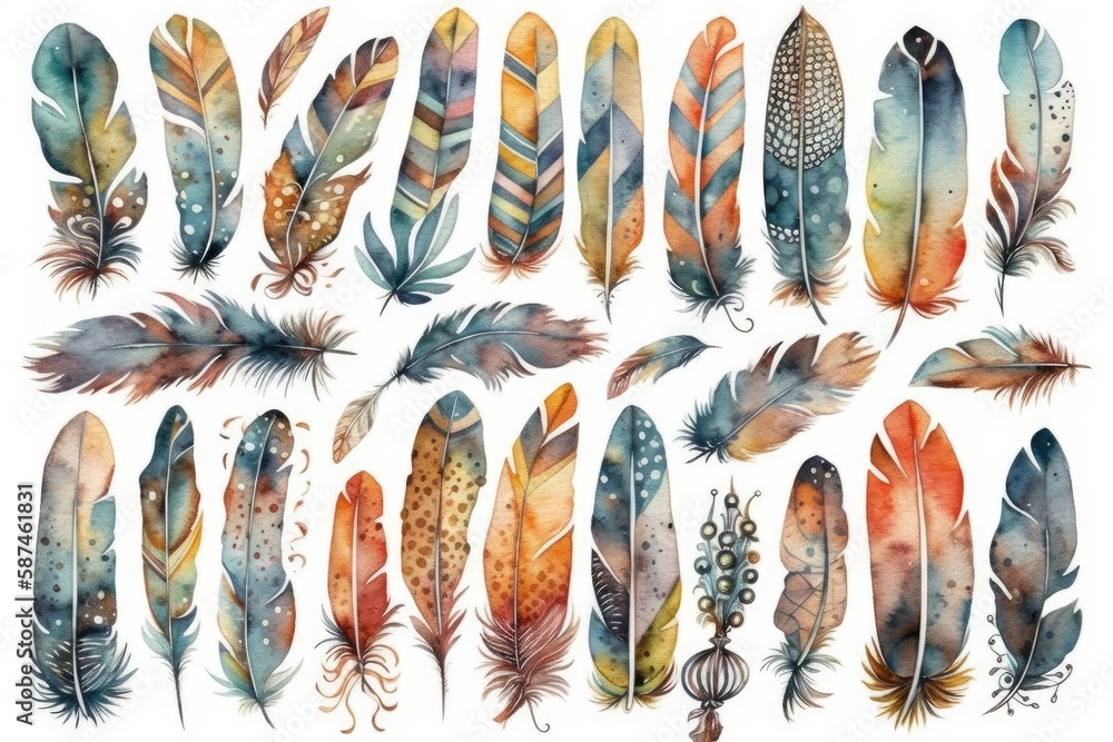 colorful watercolor feathers on a blank white background. Generative AI