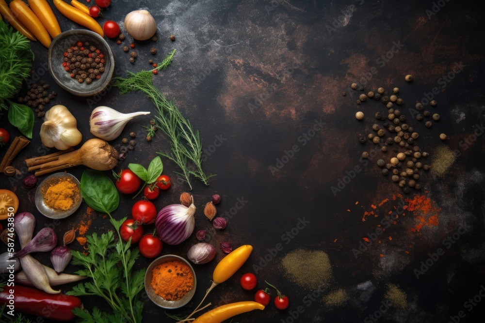 Fresh veggies, herbs, and spices for cooking on a background of dark metal with room for text. looki