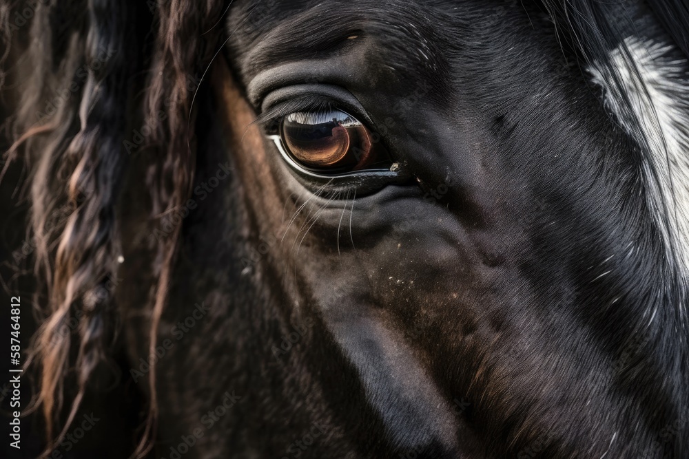 View of the ears and eyes of a black Hannoverian mare. Generative AI