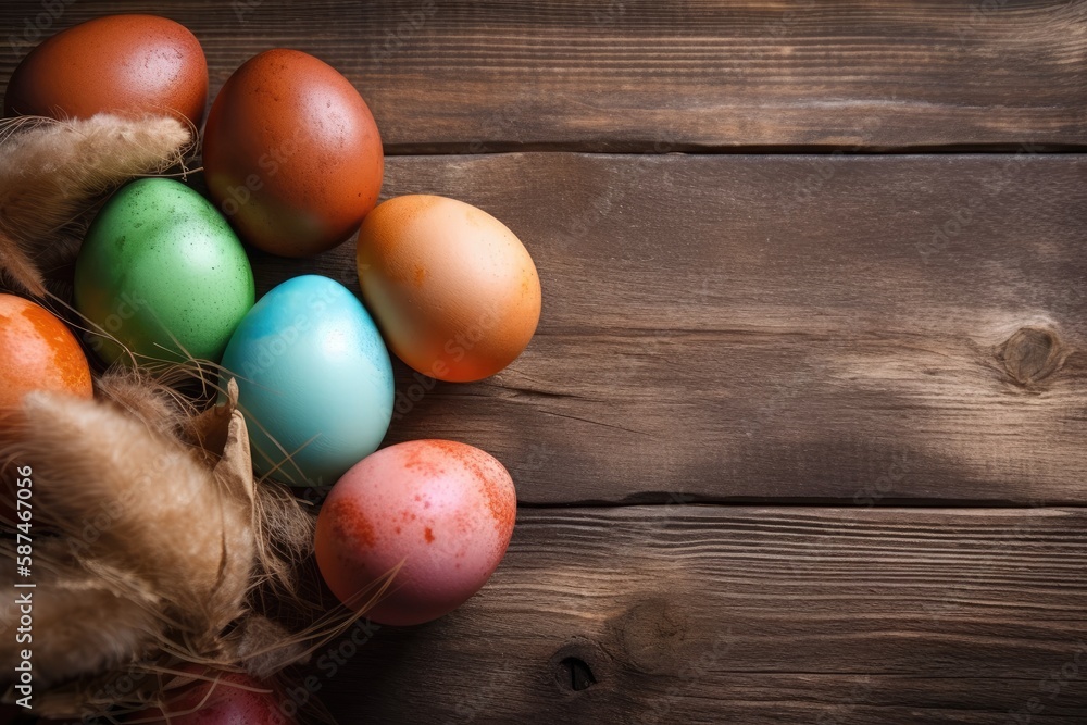 colorful Easter eggs arranged on a rustic wooden table. Generative AI