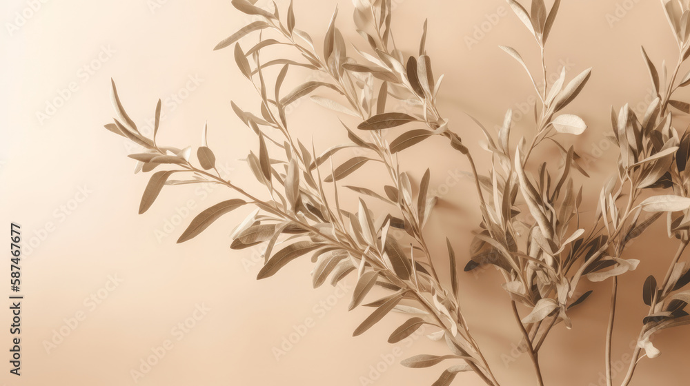 Olive branch leaves on beige background. Illustration AI Generative