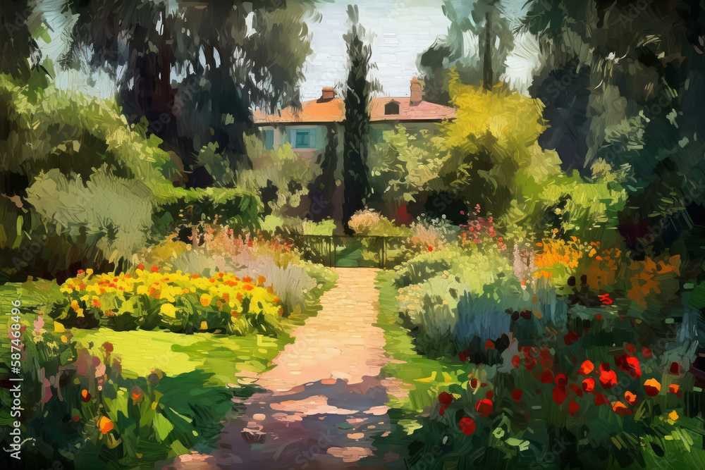 Summer garden in the style of impressionism painting Illustration AI Generativ