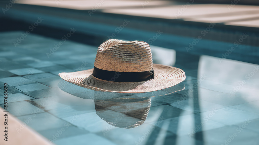 Summer hat and pool. Illustration AI Generative.