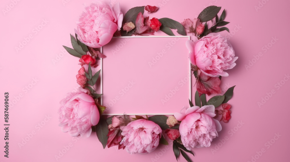 Pink frame with peony flower. Illustration AI Generative