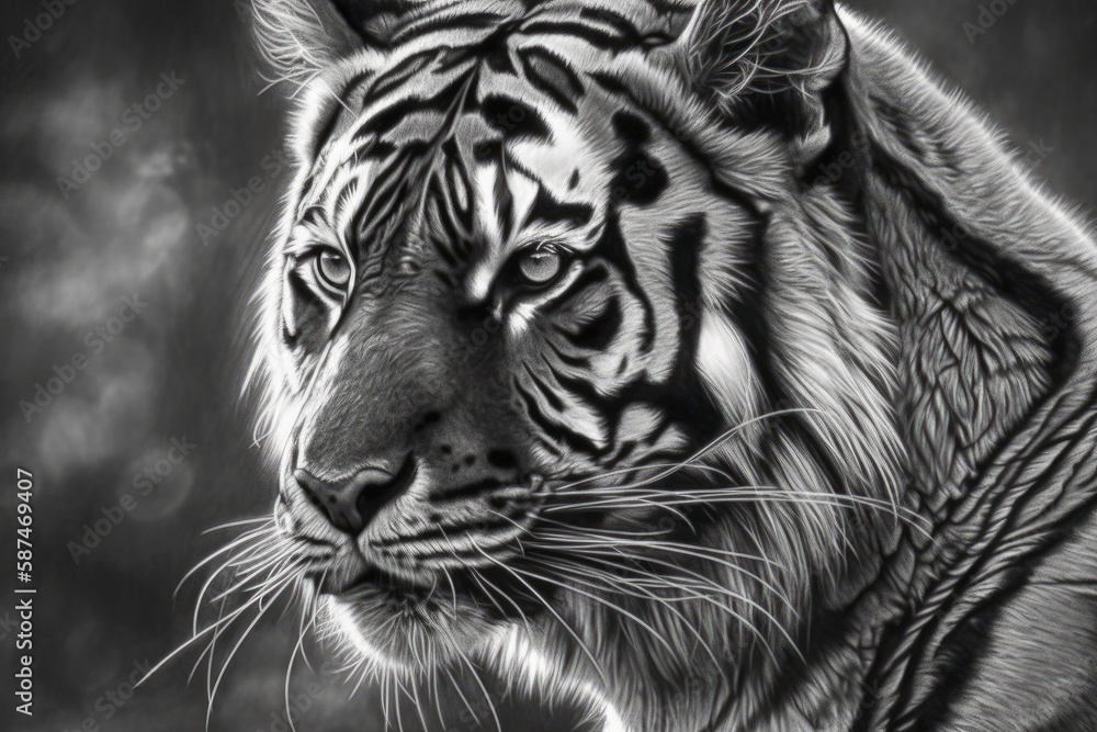 majestic tiger captured in black and white photography. Generative AI