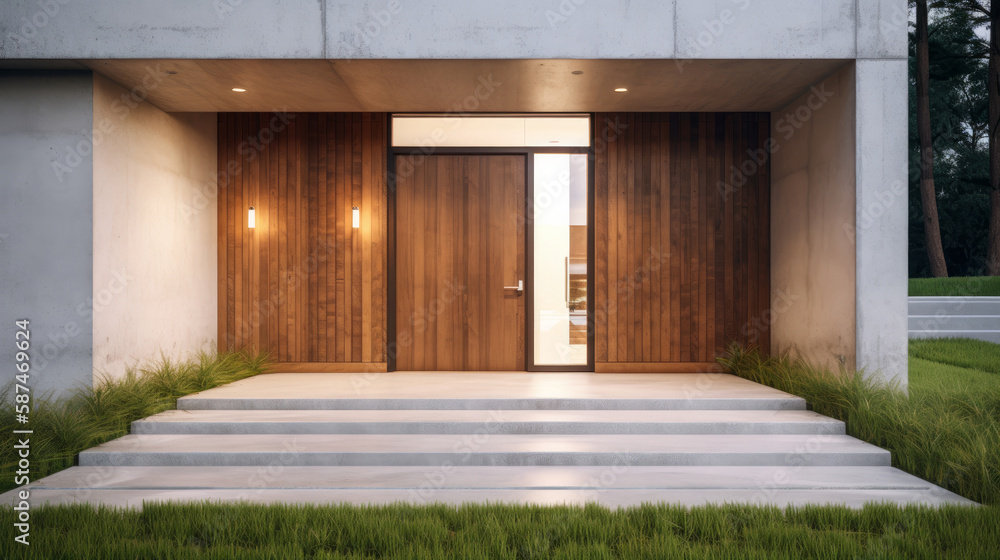 Modern house with wooden door. Illustration AI Generative.