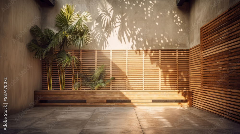 Empty background with wall and tropical leaves. Illustration AI Generative