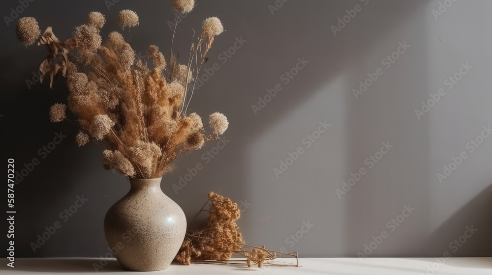 Dry flowers in vase. Illustration AI Generative.