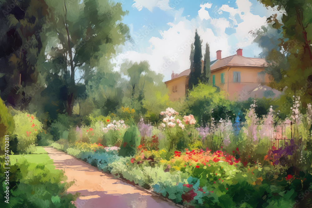 Summer garden in the style of impressionism painting Illustration AI Generativ