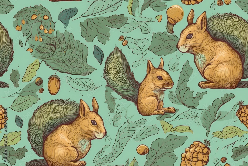 repeating pattern featuring squirrels and acorns on a blue background. Generative AI