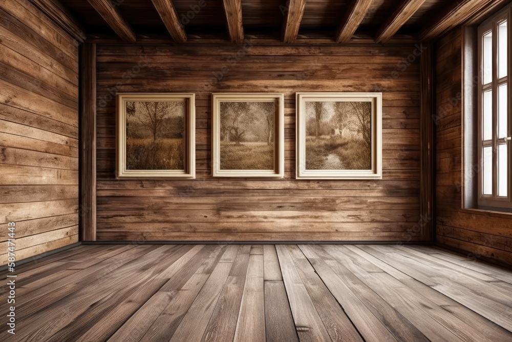 Three Paintings Hanging on a Wooden Wall. Generative AI