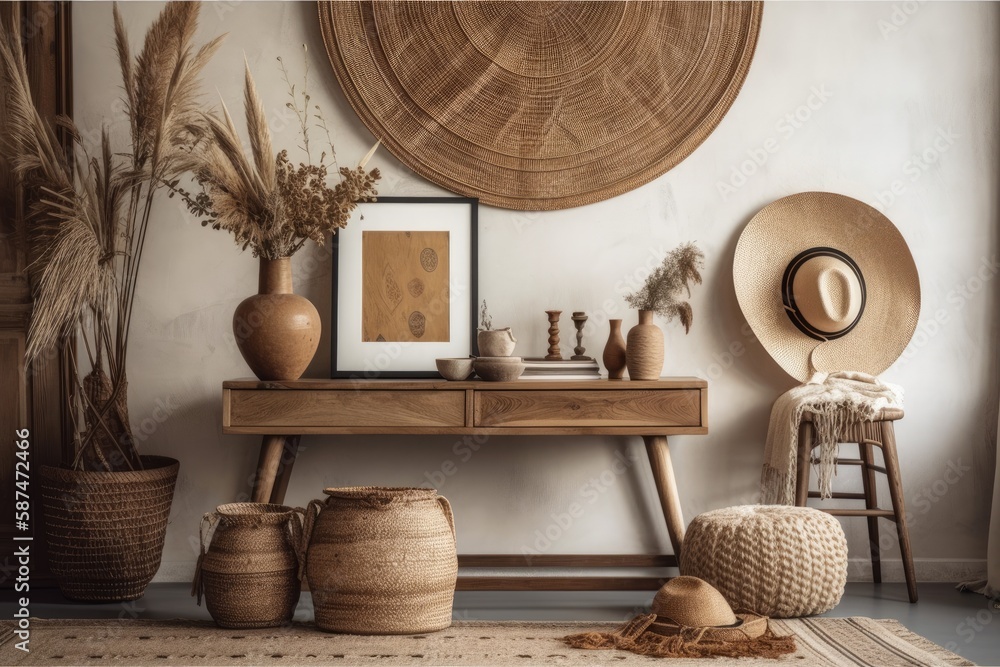 Bohemian living room with mock up poster frame, gorgeous rattan decorations, dried flowers in vase, 