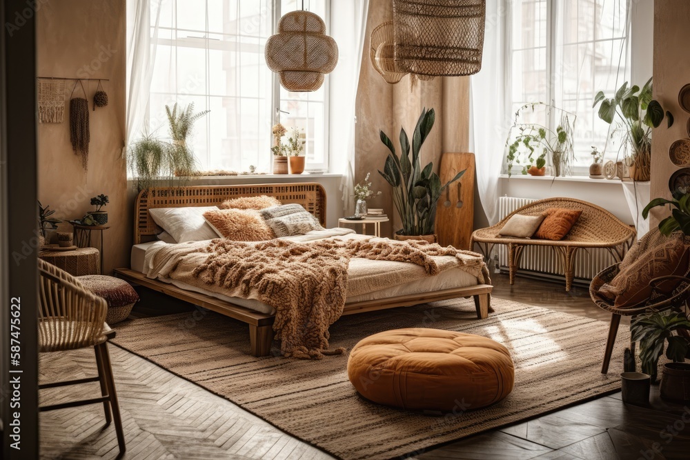 Nice boho stylish apartment with kerzwn and pillows for a shot or relaxing hours together. Generativ