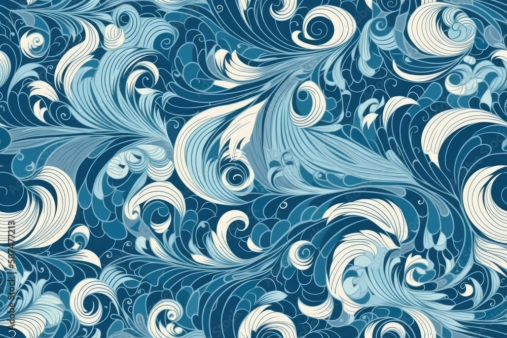 swirling blue and white abstract background with waves. Generative AI