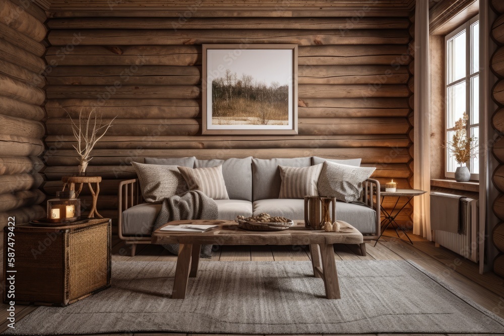 Gray beige log cabin living room, front view. Frame mockup, fabric sofa with cushions. Farmhouse dec