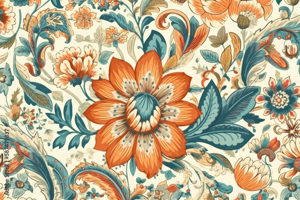 orange and blue floral pattern on a white background. Generative AI