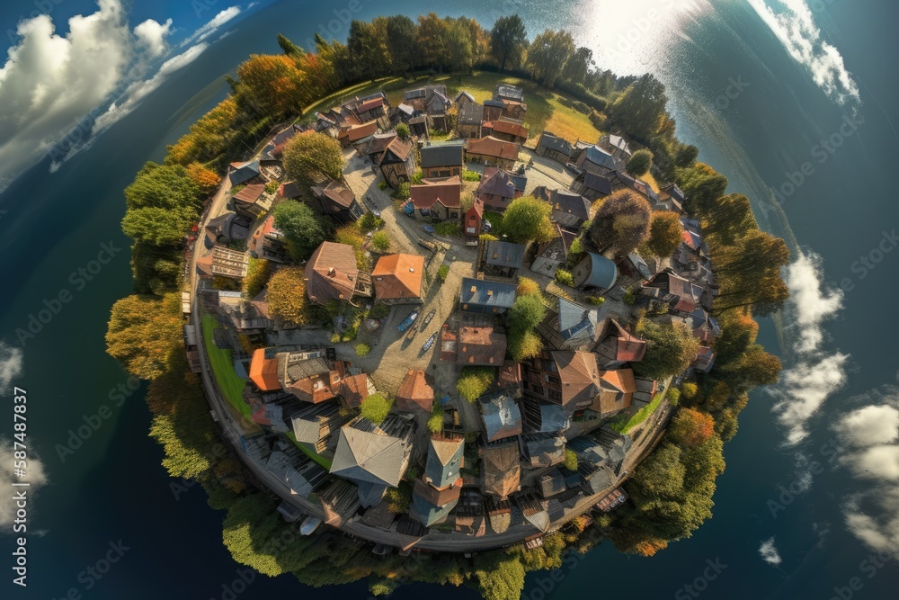 picturesque ocean village from a birds eye view. Generative AI