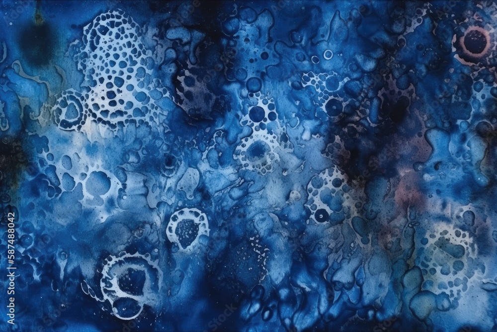 abstract painting featuring blue and black bubbles. Generative AI