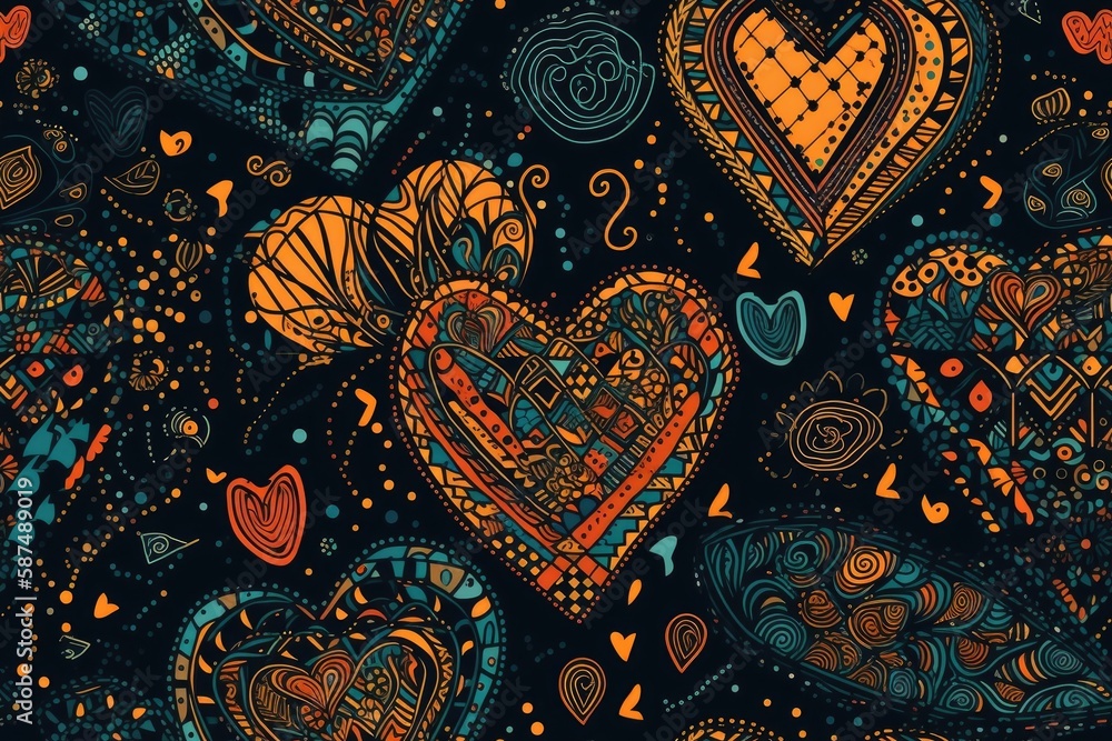 hearts pattern on black background. Generative AI