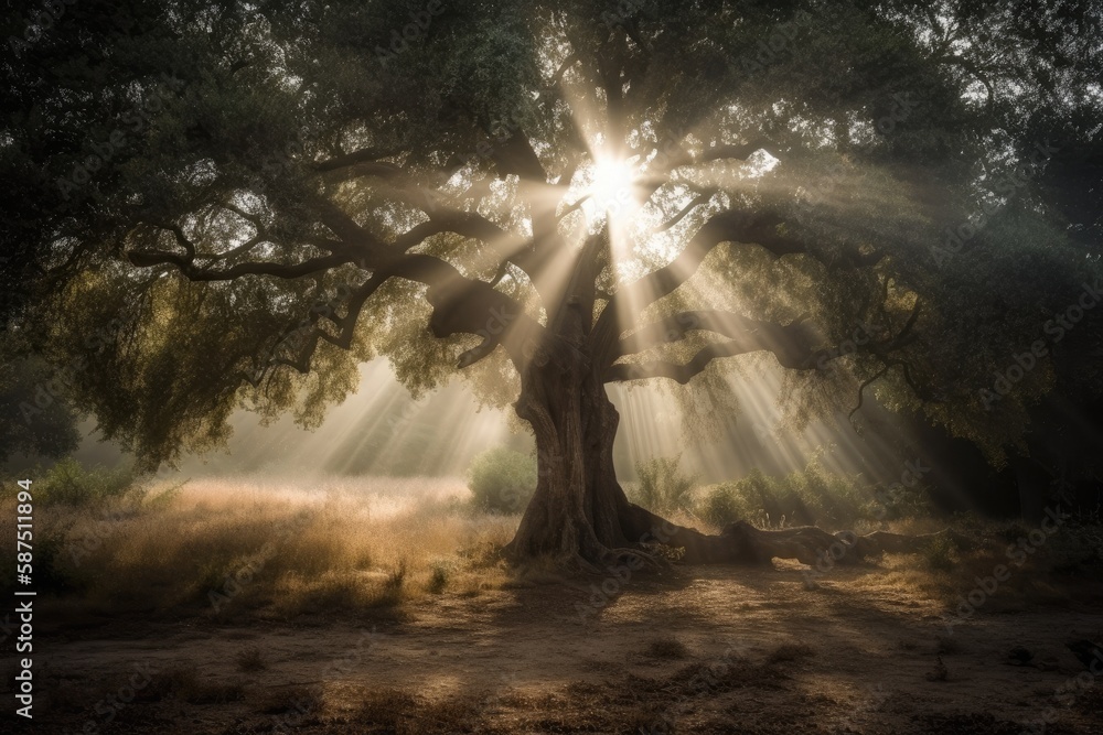 sunlight filtering through the branches of a majestic tree. Generative AI