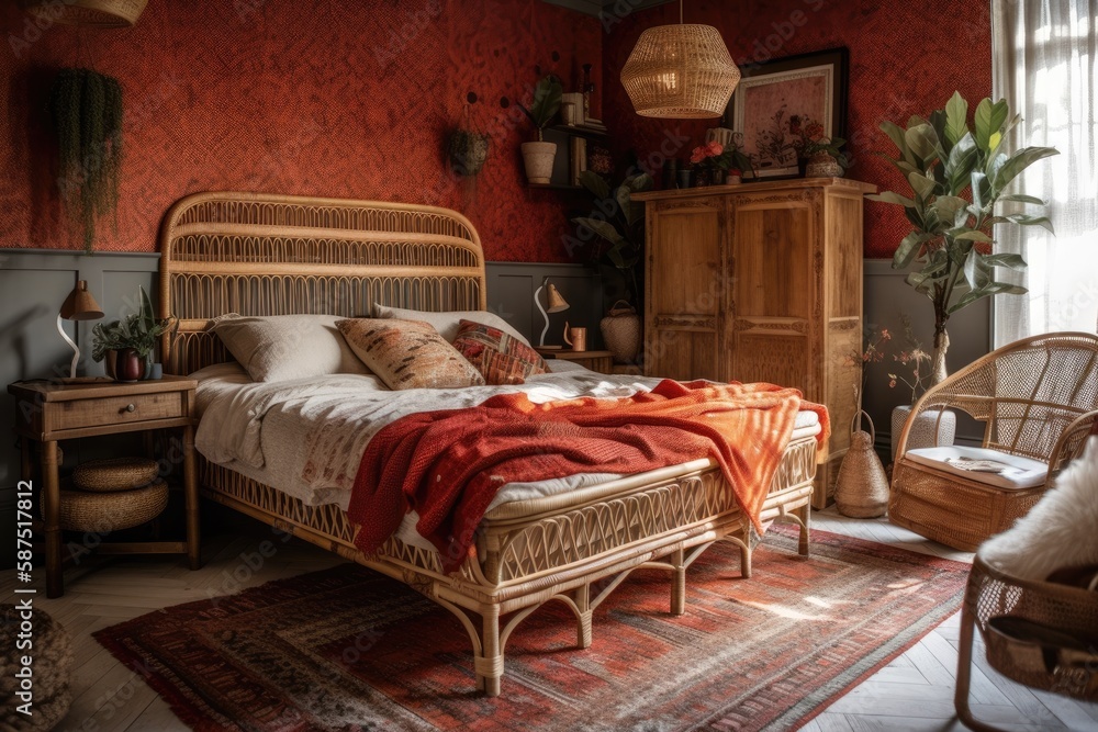 Rattan bed and wooden furnishings in boho farmhouse bedroom. Jute flooring and red and white décor. 