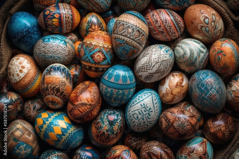 basket filled with colorful painted eggs for Easter. Generative AI