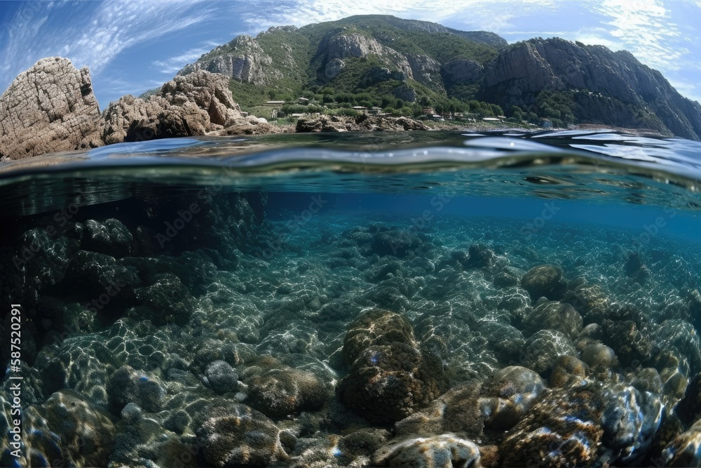 Split image of the waters surface and below it, showing a school of fish below and a rocky shore ab