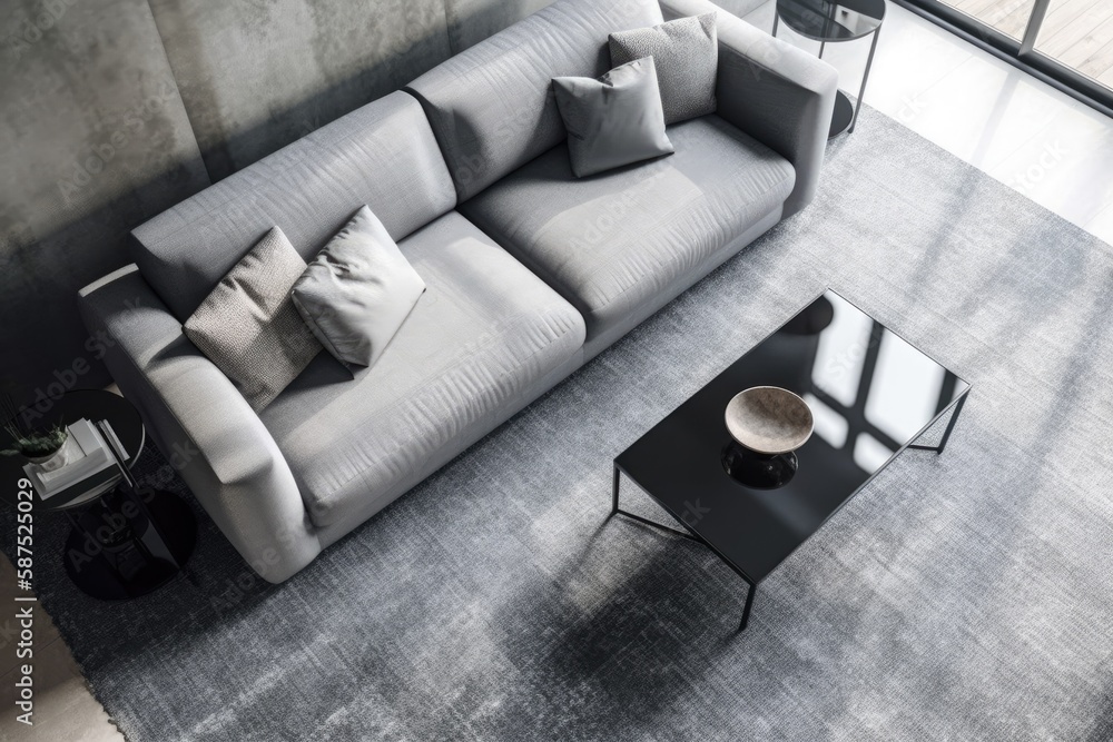 Modern grey sofa and carpet in living room from above. Home comfort. Apartment info. Upholstery. Hot