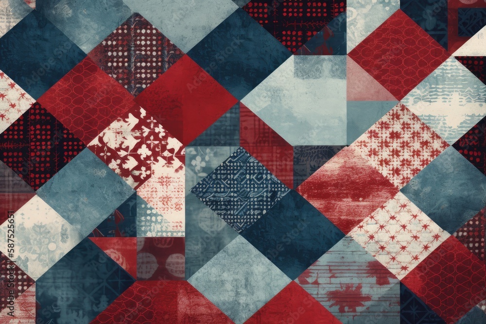 patchwork pattern combining the colors red, white, and blue. Generative AI