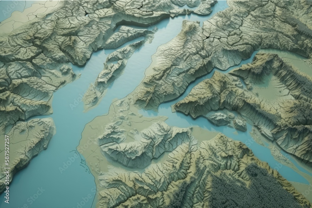 aerial view of a winding river flowing through majestic mountains. Generative AI