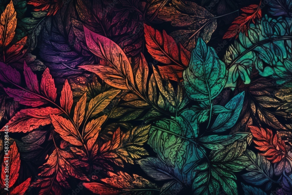 autumn leaves in vivid colors contrasting against a black background. Generative AI