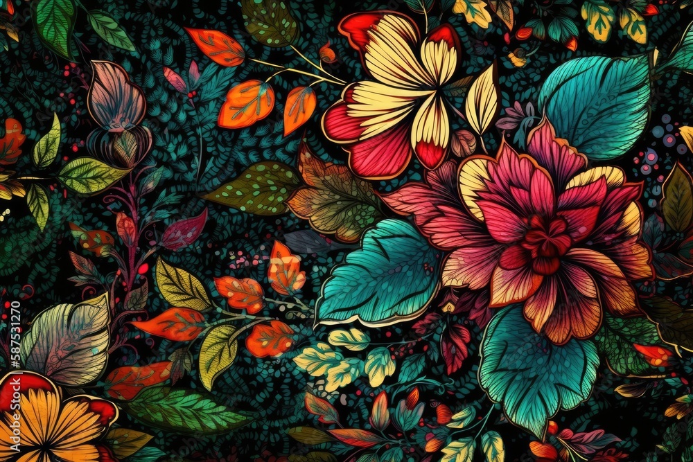 flowers and leaves painted on a black background. Generative AI