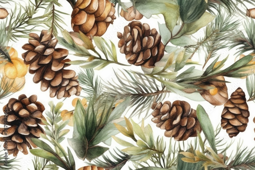 pine cones and leaves in watercolor. Generative AI