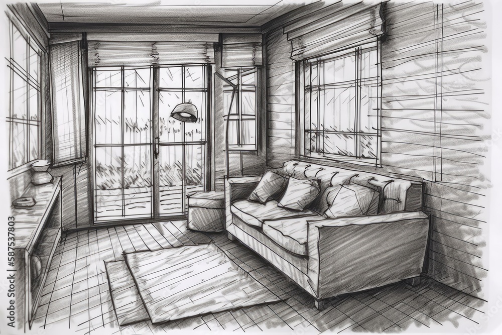 Architect interior designer concept hand drawn draft incomplete idea becomes actual, living room wit