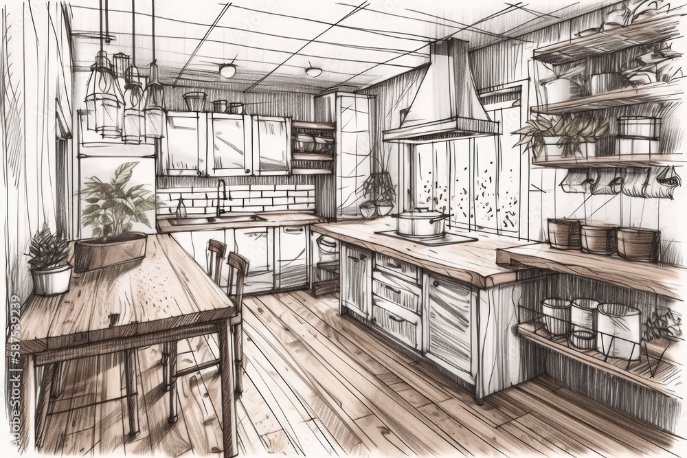 Hand drawn sketch unfinished project becomes actual, bohemian kitchen and dining area with wooden el