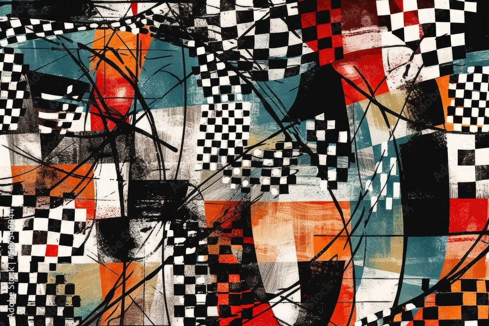 abstract painting with black, orange, and white squares. Generative AI