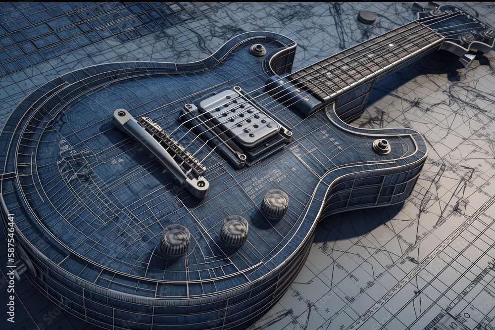 Blue Electric Guitar Resting on a Tabl. Generative AI